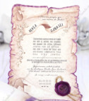 <p>Приглашение в виде папируса выполнено в винтажном стиле. Приглашение имеет фиолетовые украшения и принты. Приглашение вставляется в конверт в форме гексагона.</p>
