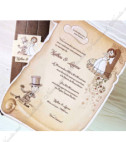 <p>Приглашение на свадьбу в форме папируса, выполненное из матовой бумаги на которой напечатан текст. Снаружи изображение невесты сидящей на балконе и жених ждущий с букетом цветов. Приглашение скручивается и вставляется в конверт в форме гескагона, где есть записка с силуэтами молодоженах.</p>