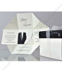 <p>Приглашение на свадьбу в виде коробочки. Текст печатается внутри открытки. На центральной части приклеиваются Костюмы жениха и невесты в 3D. В качестве аксессуара используется белая ленточка из органзы.</p>