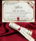<p>Приглашение на свадьбу в виде диплома. В качестве аксессуара используется красная ленточка с этикеткой, на которой можно вписать имена молодоженов.</p>