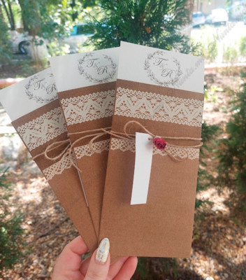 <p>Свадебное приглашение, состоящее из двух частей: обложки и кремового картона-вкладыша для печати текста. На обложке изображен кружевной орнамент. В качестве аксессуара используется коричневый шнур, к которому прикрепляется этикетка и красная розочка. Открытка помещается в прозрачный упаковочный пакетик.</p>