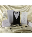 <p>Элегантное свадебное приглашение, которое состоит из двух частей. Обложка в виде костюма жениха, а картон на котором печатается текст, в виде свадебного платья невесты. В качестве аксессуаров используются бабочка и брошка в форме белой розы. В стоимость включен белый конверт.</p>