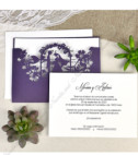 <p>Приглашение на свадьбу, состоящее из фиолетовой обложки и картона-вкладыша для печати текста. На обложке видны молодожены в цветочном саду, оформлены лазерной резкой. В стоимость включен кремовый конверт.</p>