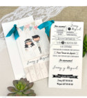 <p>Стильное свадебное приглашение, состоящее из обложки и картона-вкладыша для печати текста. На обложке есть прямоугольная вырезка, через которую видны имена молодоженов, напечатанные в тексте. В качестве аксессуара используется ленточка. В стоимость включен кремовый конверт.</p>