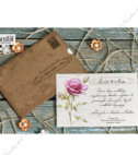 <p>Романтическое приглашение в виде поздравительной открытки на бежевом картоне с изображением розы для текста. Приглашение помещается горизонтально в карманный конверт, который имитирует конверт старого письма.</p>