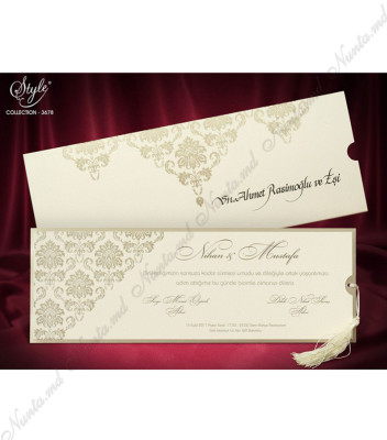 <p>Элегантное свадебное приглашение, сделанное из матового кремового картона для печати текста, который вставляется в обложку в виде конверта. В качестве аксессуара используется кисточка.</p>