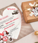 <p>Приглашение на свадьбу в виде коробочки с пазлами с персонажеми Disney, Minnie и Mickey, на котором напечатан текст. Части пазла помещены в коричневую коробку с коричневым шнуром и с кусочком пазла. Приглашение не требует дополнительного конверта.</p>