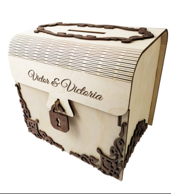 <p>Деревянная подарочная коробка для сбора денег на свадьбу. БЕСПЛАТНАЯ персонализация. Может быть выполнена в стандартной или индивидуальной форме.</p>